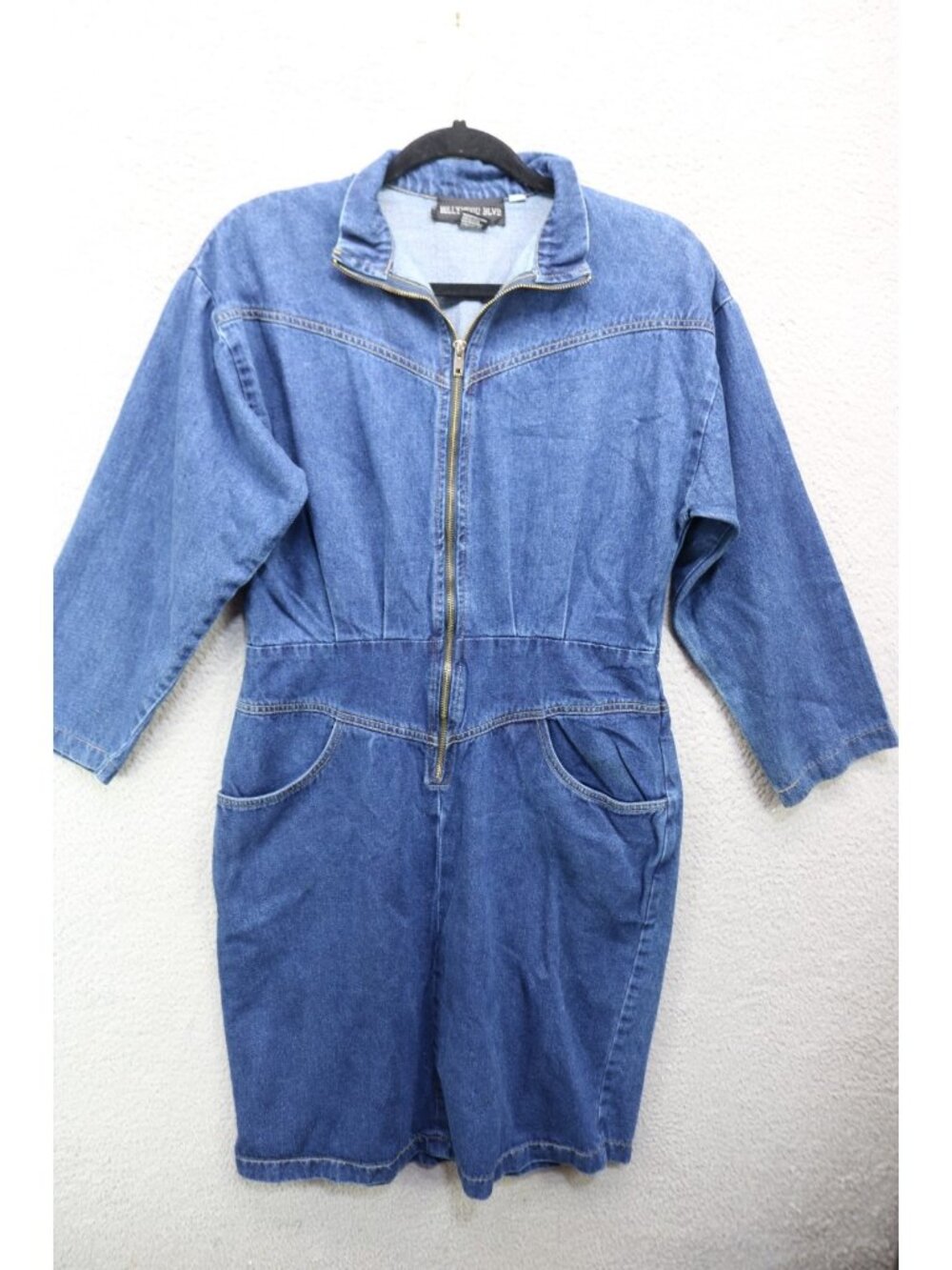 Vintage Hollywood Blvd. 3/4 Sleeves Denim Zip Front Dress-9/10-Pockets-Y2K-90's
